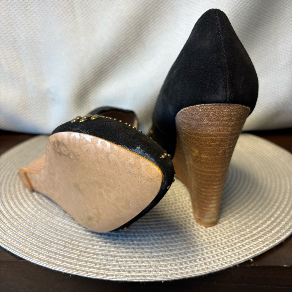 Betsey Johnson black suede wedge with  studs and red stones on the toe box. - Picture 3 of 3